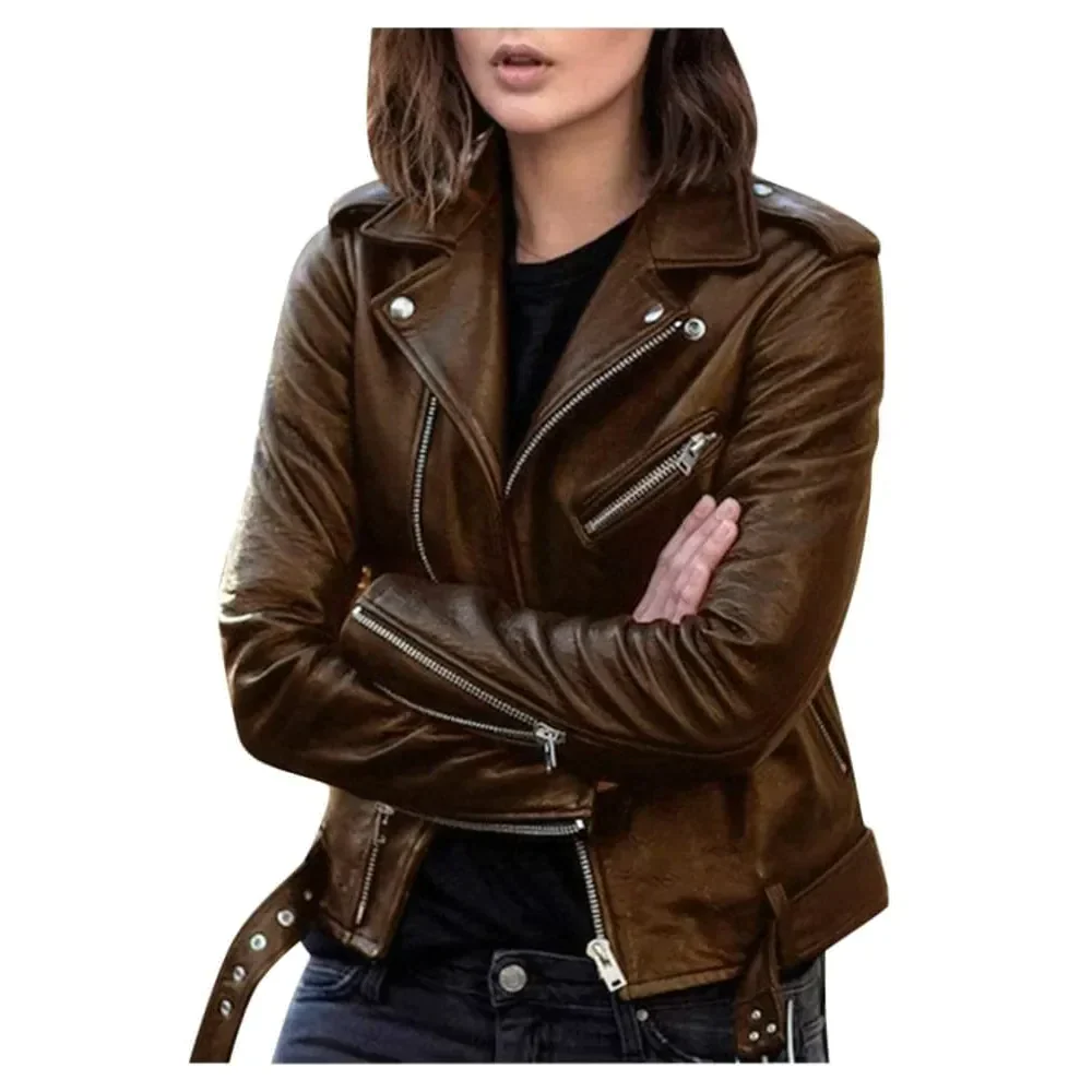 Amy Faux Leather Biker Jacket - Brown / s - St Vesti | Coats & Jackets