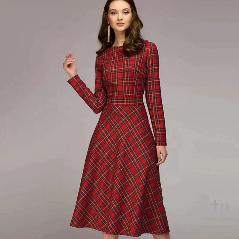 Plaid Elegant Midi Dress - Red / s - St Vesti