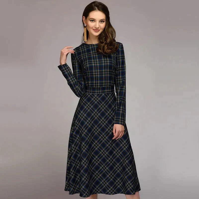 Plaid Elegant Midi Dress - Black / l - St Vesti