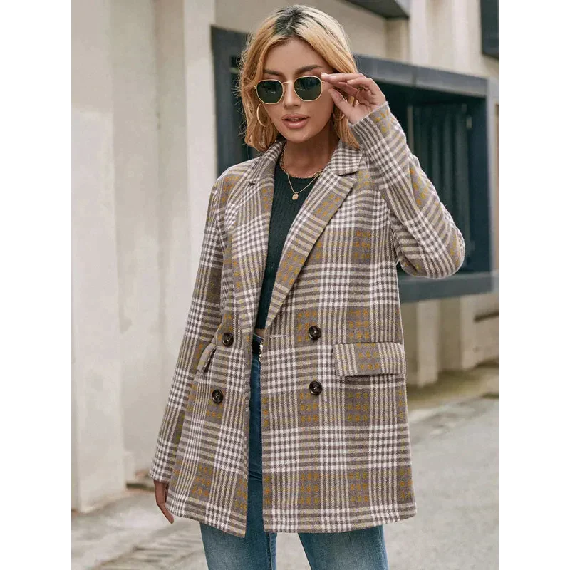 Check Double Breasted Blazer - Khaki / s - St Vesti | Blazers & Cardigans