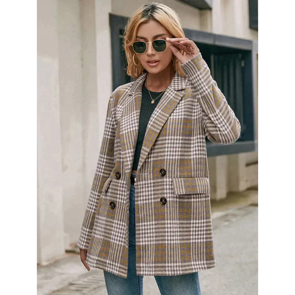 Check Double Breasted Blazer - Khaki / s - St Vesti | Blazers & Cardigans