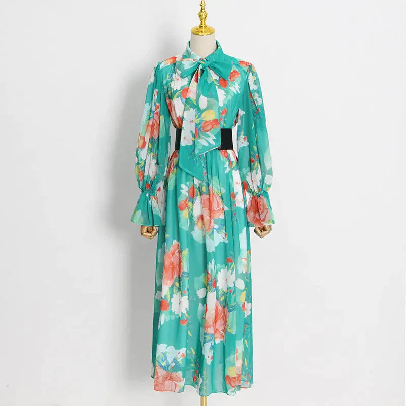 Elizabeth’s Lantern Sleeves & Waist Ruffle Maxi Dress - Green / s - St Vesti | All Dresses - Cocktail Dresses Formal