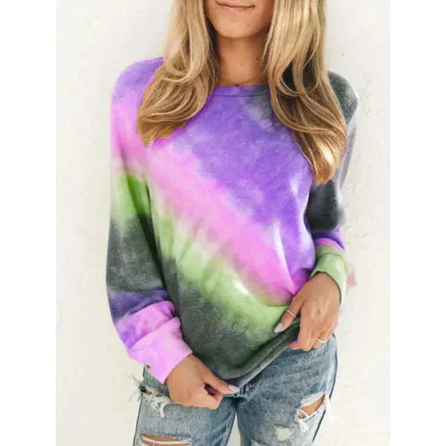 Fashion Tie Dye Rainbow Casual Long Sleeve T-shirt For Women - Purple / Xxl - St Vesti