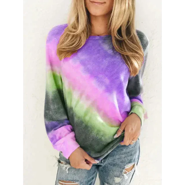 Fashion Tie Dye Rainbow Casual Long Sleeve T-shirt For Women - Purple / Xxl - St Vesti