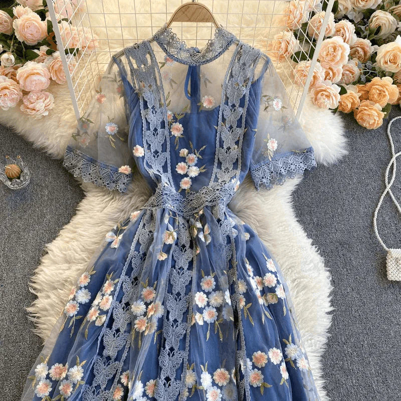 Flower Embroidered Midi Dress In Blue - St Vesti | All Dresses - Cocktail Dresses Formal Dresses + More.