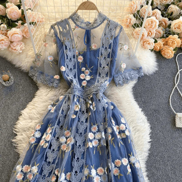 Flower Embroidered Midi Dress In Blue - St Vesti | All Dresses - Cocktail Dresses Formal Dresses + More.