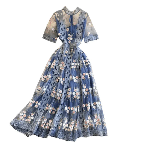 Flower Embroidered Midi Dress In Blue - Blue / s - St Vesti | All Dresses - Cocktail Dresses Formal Dresses + More.