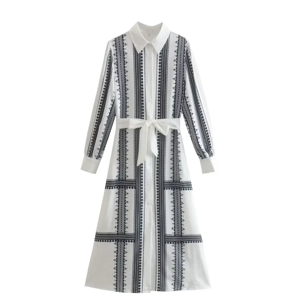 Geometric Midi Dress In Black & White With Belt - White / Xs - St Vesti | All Dresses - Cocktail Dresses Formal Dresses