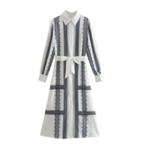 Geometric Midi Dress In Black & White With Belt - White / Xs - St Vesti | All Dresses - Cocktail Dresses Formal Dresses