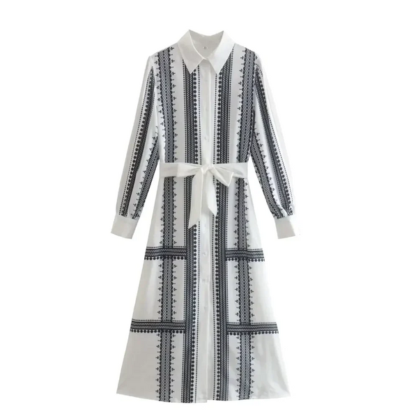 Geometric Midi Dress In Black & White With Belt - White / Xs - St Vesti | All Dresses - Cocktail Dresses Formal Dresses