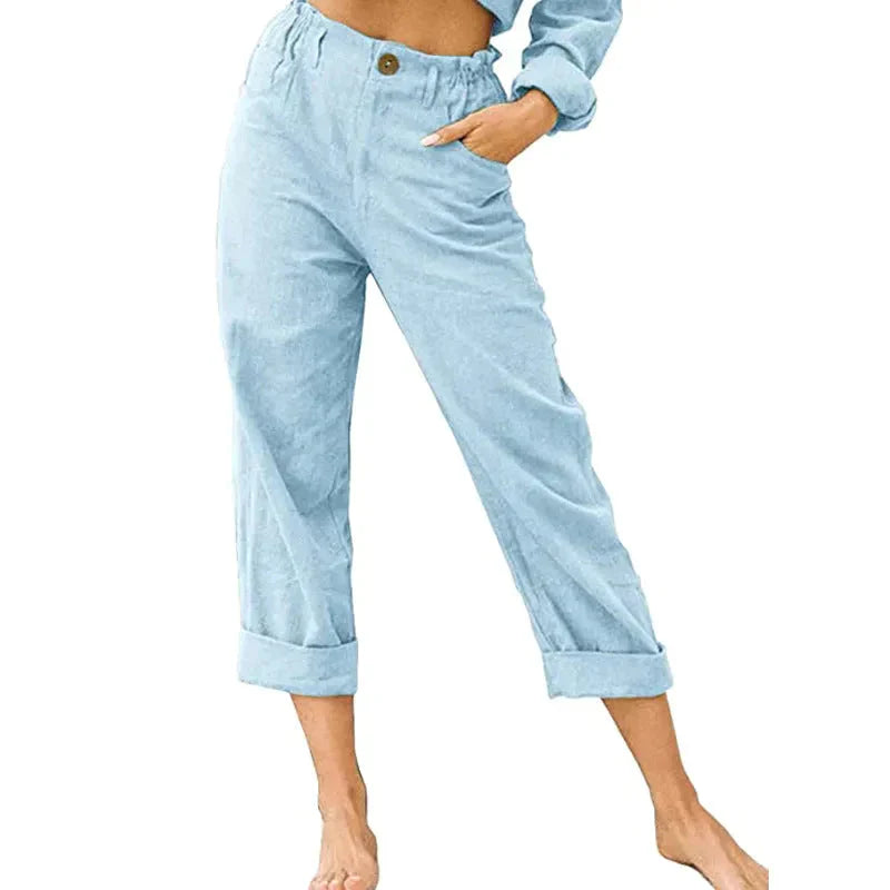 High Waist Linen Blend Pants - Sky Blue / s - St Vesti | Women’s Pants | Jeans Trousers Pants Joggers & Culottes