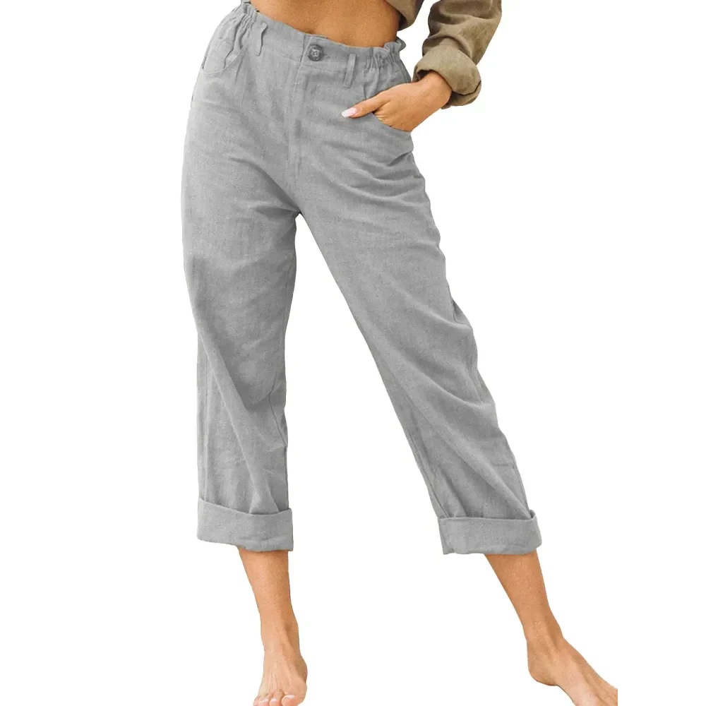 High Waist Linen Blend Pants - Grey / s - St Vesti | Women’s Pants | Jeans Trousers Pants Joggers & Culottes