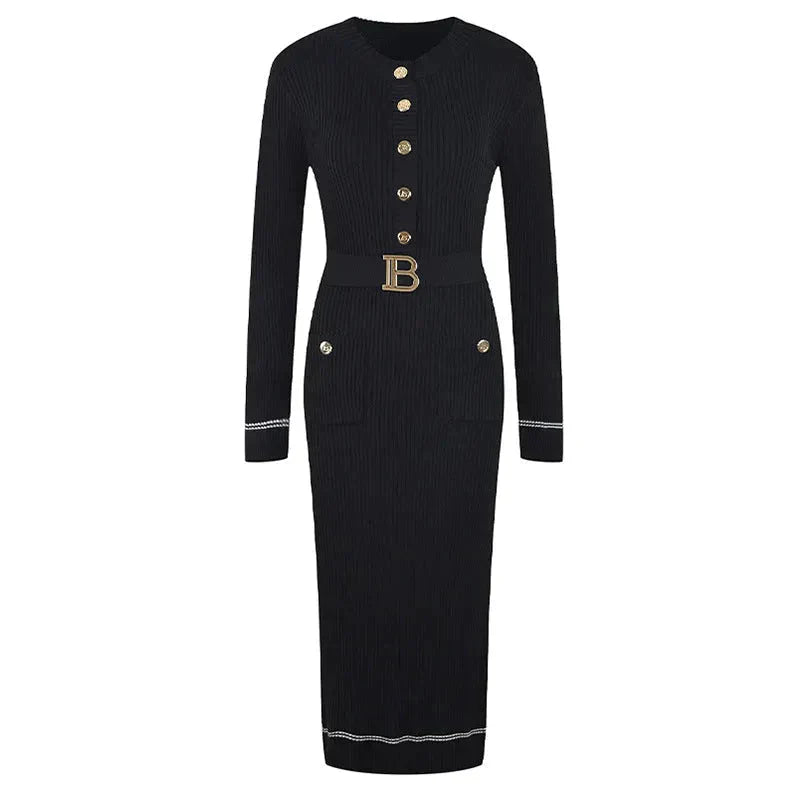 Jedda Long Sleeve Knit Maxi Dress In Khaki - Black / One Size - St Vesti | All Dresses - Cocktail Dresses Formal Dresses