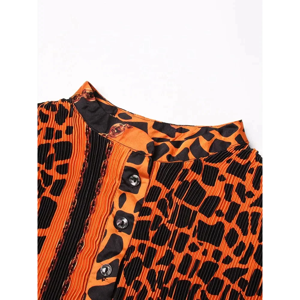 Leopard Loose Pleated Dress - Orange / One Size - St Vesti | All Dresses - Cocktail Dresses Formal Dresses + More.