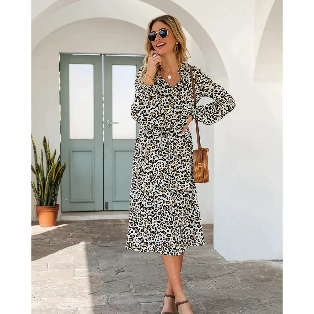 Leopard Print Long-sleeved Midi Dress - White / Xl - St Vesti