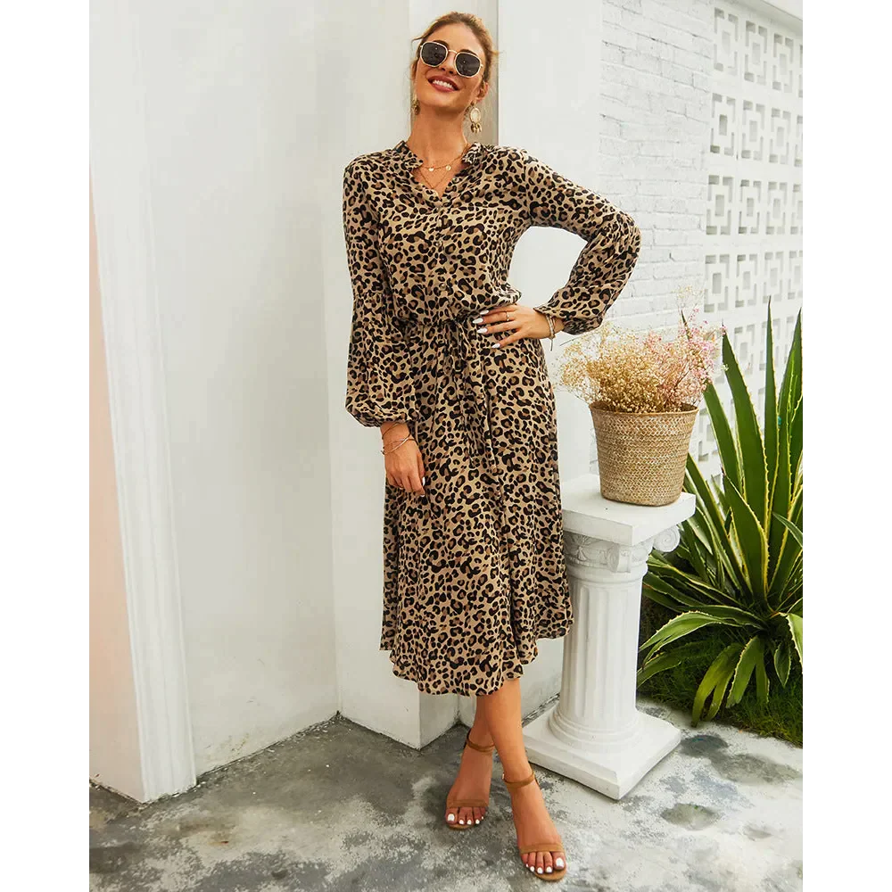 Leopard Print Long-sleeved Midi Dress - St Vesti