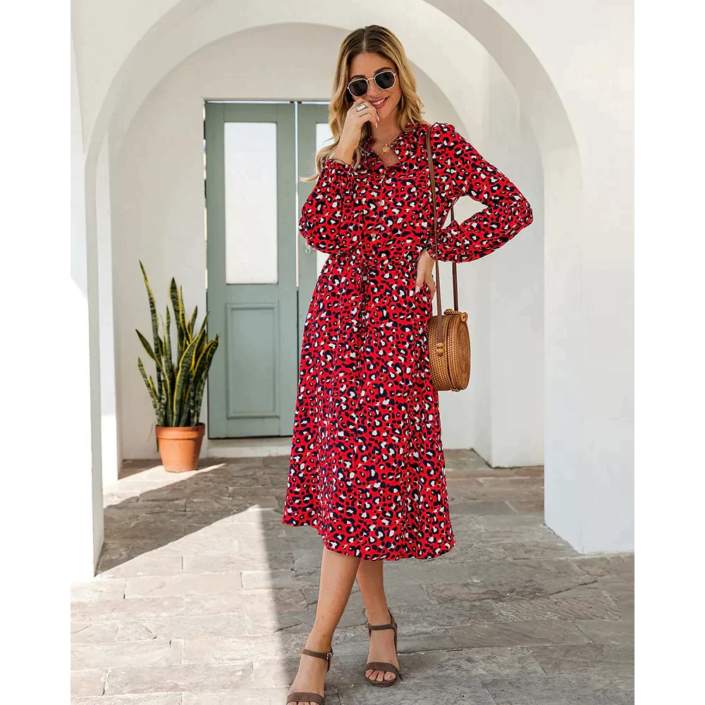 Leopard Print Long-sleeved Midi Dress - St Vesti