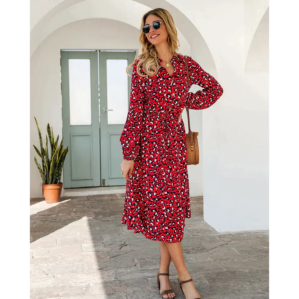 Leopard Print Long-sleeved Midi Dress - St Vesti