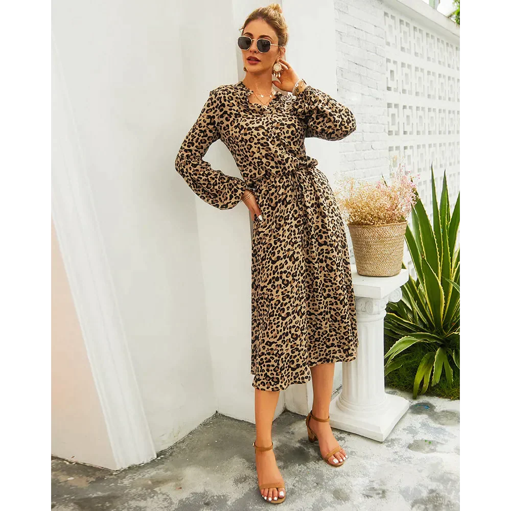 Leopard Print Long-sleeved Midi Dress - St Vesti