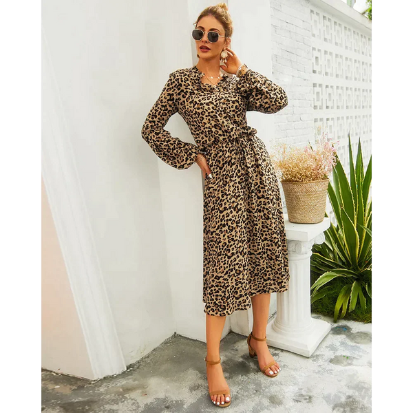 Leopard Print Long-sleeved Midi Dress - St Vesti