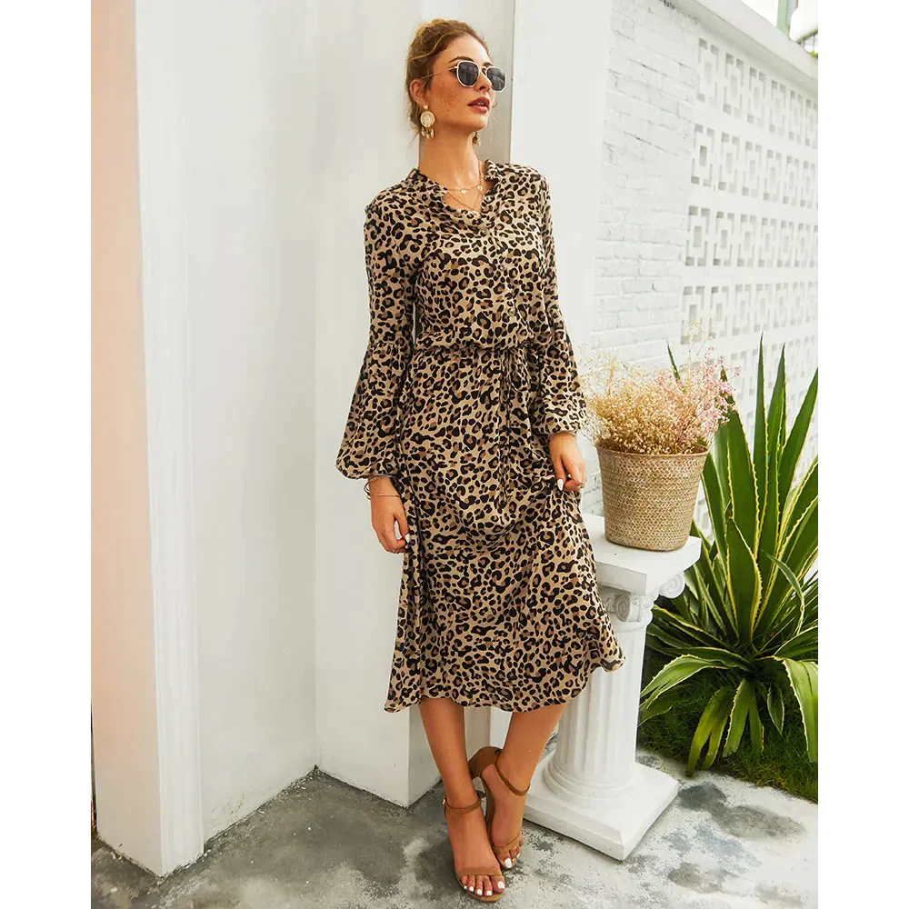 Leopard Print Long-sleeved Midi Dress - Khaki / s - St Vesti