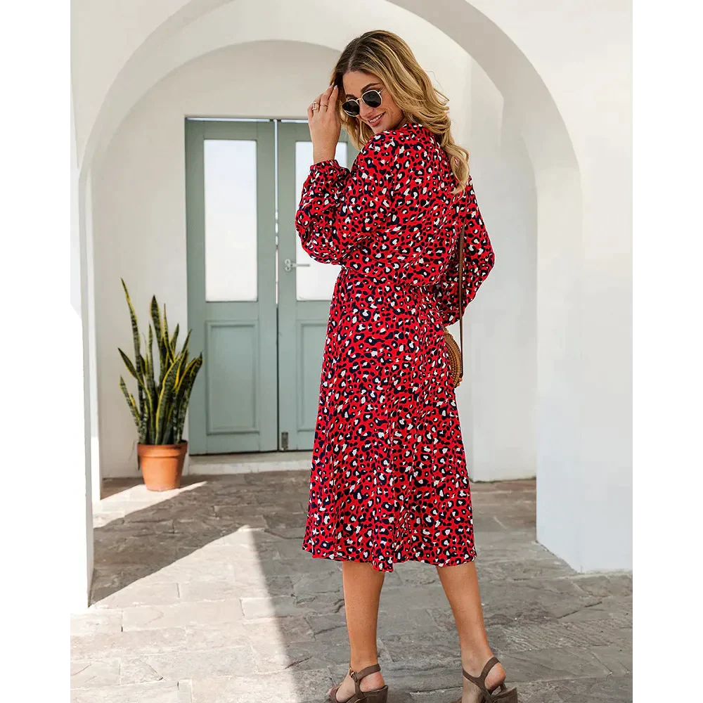 Leopard Print Long-sleeved Midi Dress - Red / s - St Vesti