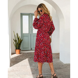 Leopard Print Long-sleeved Midi Dress - Red / s - St Vesti