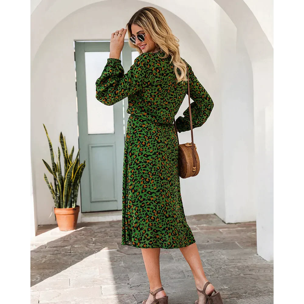 Leopard Print Long-sleeved Midi Dress - Green / s - St Vesti