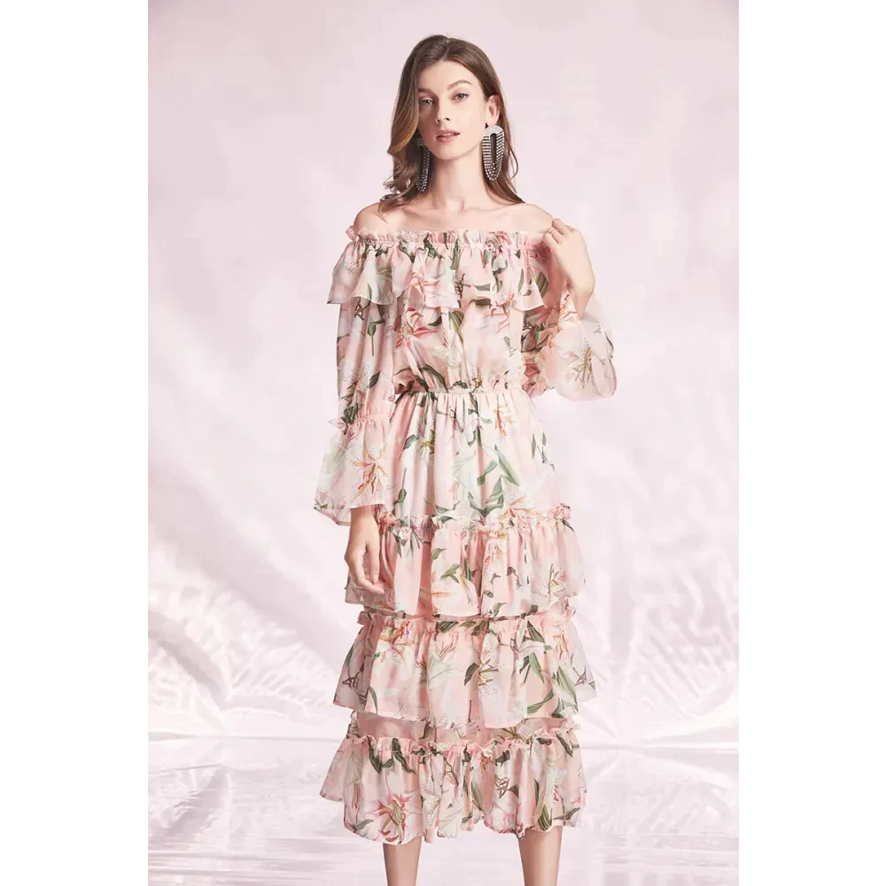 Lily Long Sleeve Flower Midi Dress In Pink - St Vesti | All Dresses - Cocktail Dresses Formal Dresses + More.