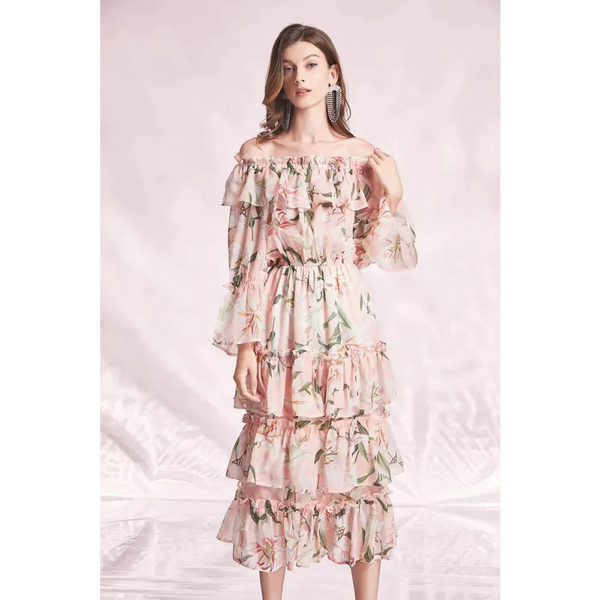 Lily Long Sleeve Flower Midi Dress In Pink - St Vesti | All Dresses - Cocktail Dresses Formal Dresses + More.