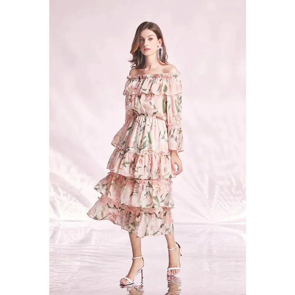Lily Long Sleeve Flower Midi Dress In Pink - St Vesti | All Dresses - Cocktail Dresses Formal Dresses + More.