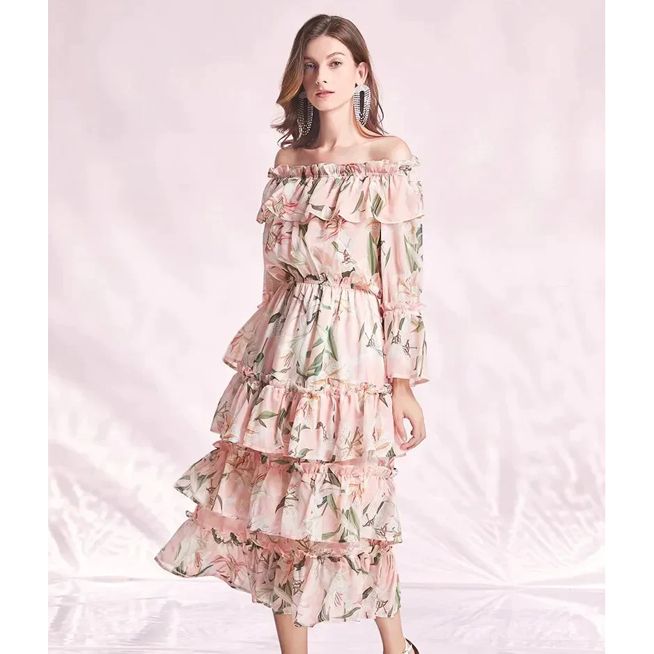 Lily Long Sleeve Flower Midi Dress In Pink - Pink / s - St Vesti | All Dresses - Cocktail Dresses Formal Dresses + More.