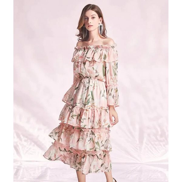 Lily Long Sleeve Flower Midi Dress In Pink - Pink / s - St Vesti | All Dresses - Cocktail Dresses Formal Dresses + More.