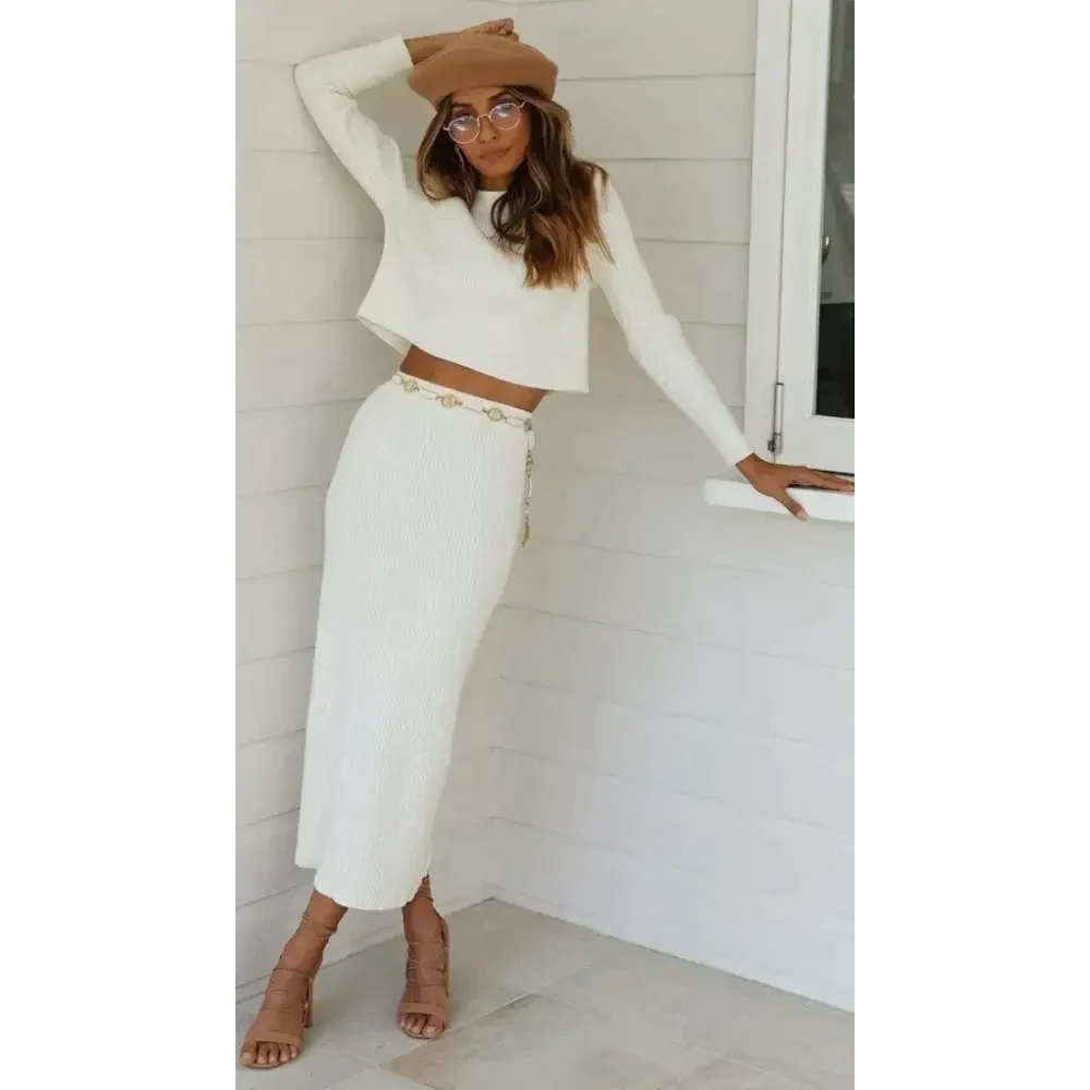 Margaret Two Piece Knitted Dress In White - St Vesti | All Dresses - Cocktail Dresses Formal Dresses + More.