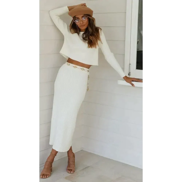 Margaret Two Piece Knitted Dress In White - St Vesti | All Dresses - Cocktail Dresses Formal Dresses + More.