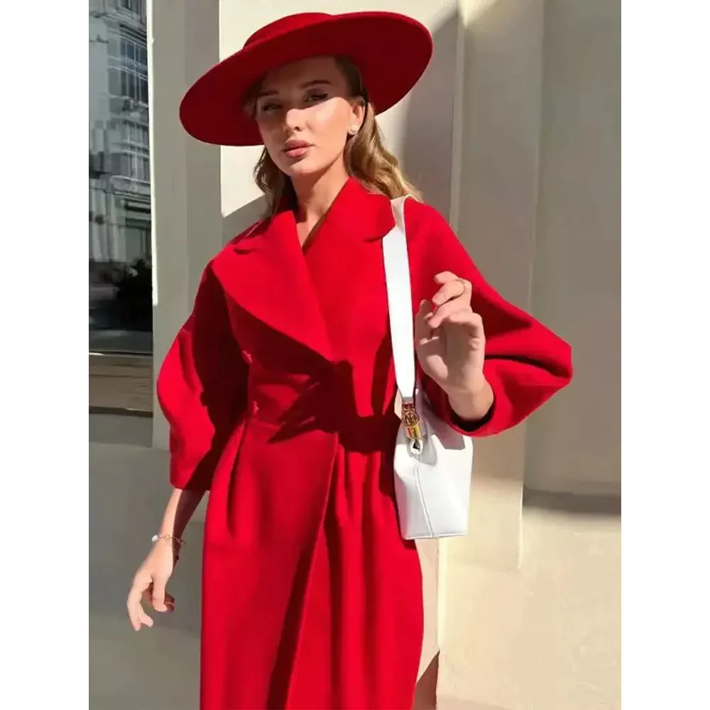 Mia Thick Double-breasted Long Coat In Red - Red / s - St Vesti | Coats & Jackets