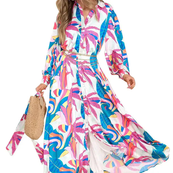 New Printed Dresses Long-sleeved Polo Collar Oversized Hem Dresses Women - St Vesti