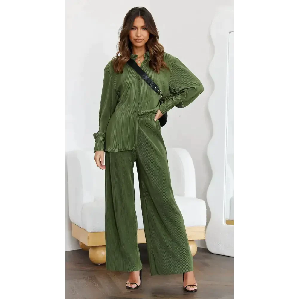 Plisse Butten Oversized Shirt + Pants Set - St Vesti | Stocktake Sale On Now