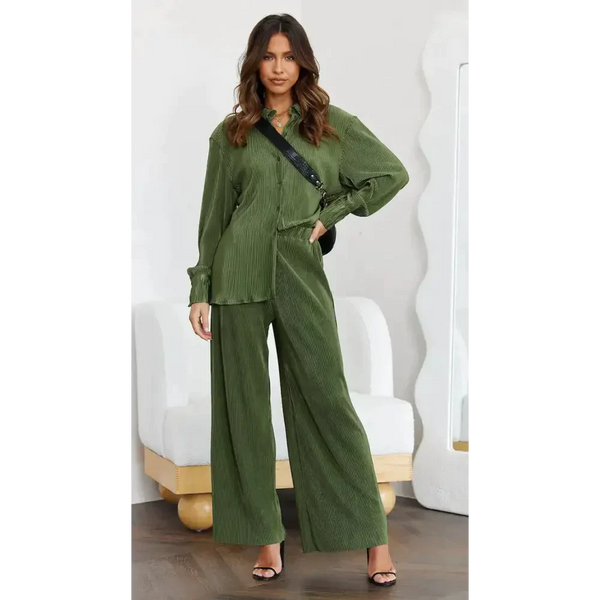 Plisse Butten Oversized Shirt + Pants Set - St Vesti | Stocktake Sale On Now