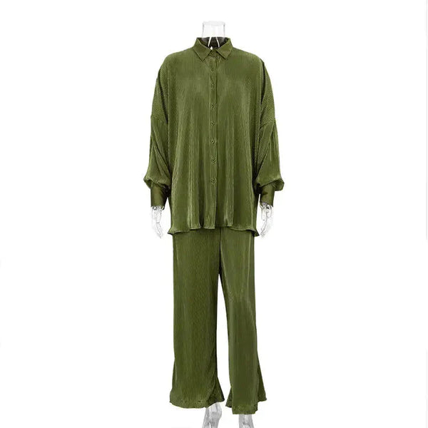 Plisse Butten Oversized Shirt + Pants Set - St Vesti | Stocktake Sale On Now
