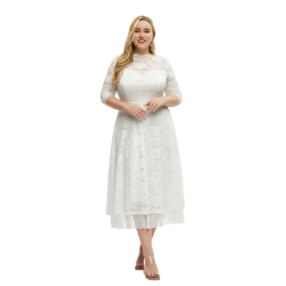 Plus Size Lace Dinner Dress In White - White / Xl - St Vesti | All Dresses - Cocktail Dresses Formal Dresses + More.