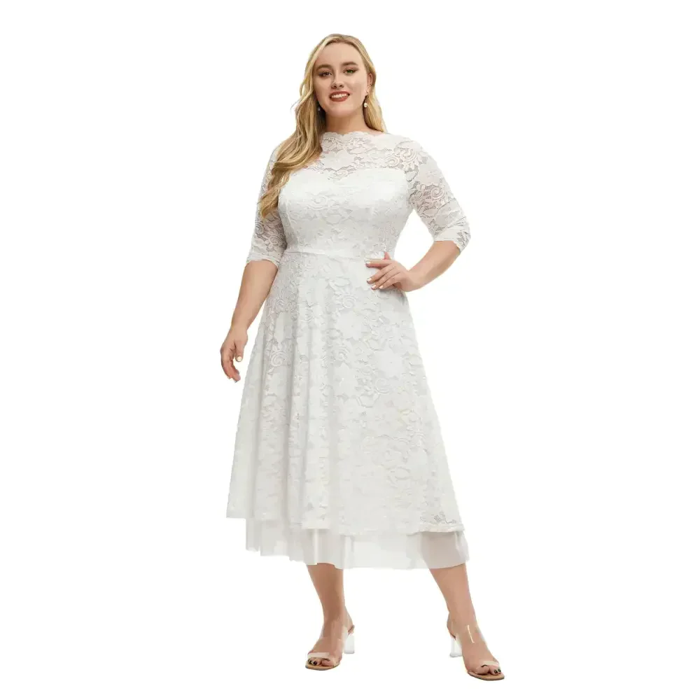Plus Size Lace Dinner Dress In White - St Vesti | All Dresses - Cocktail Dresses Formal Dresses + More.