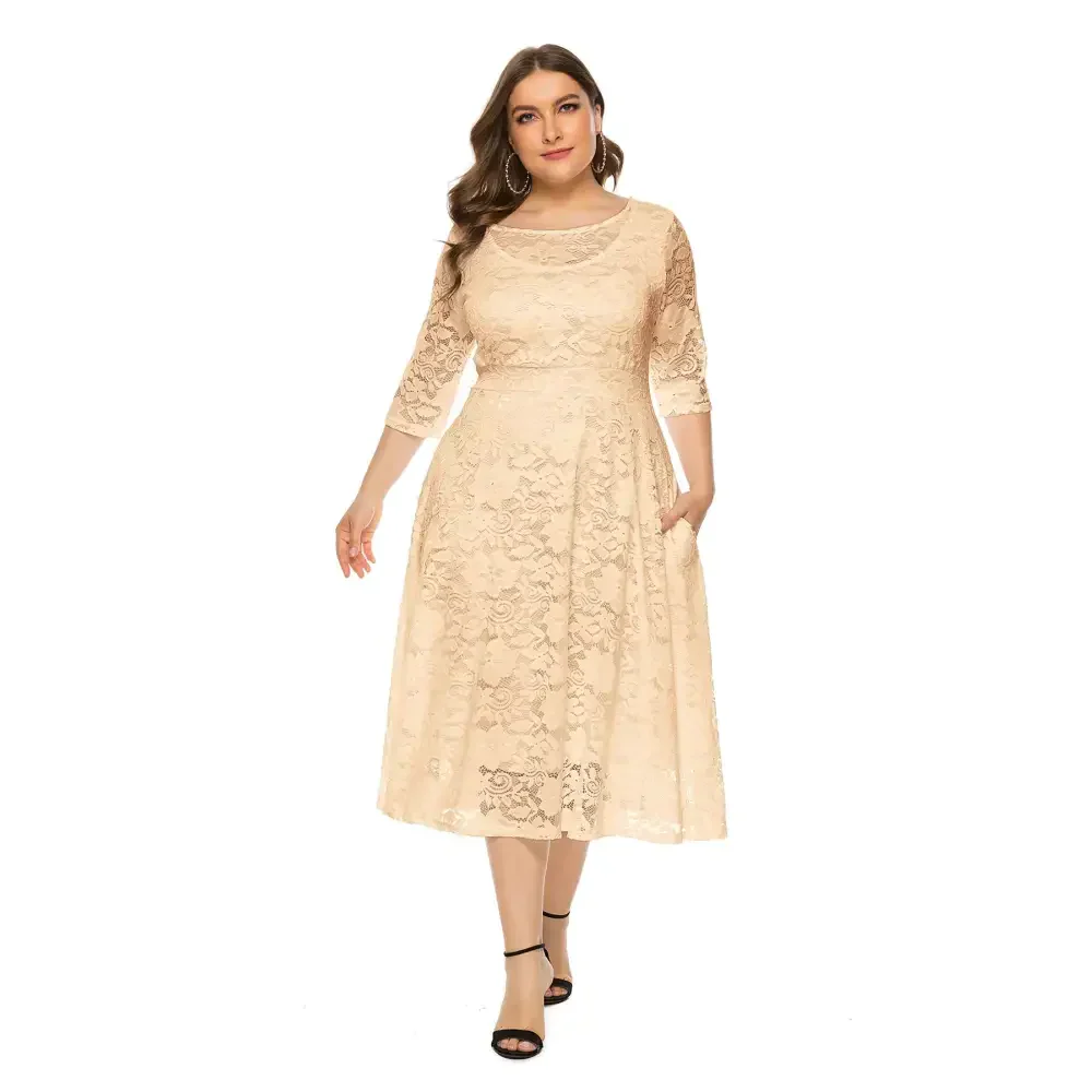 Plus Size Lace Dinner Midi Dress Multi Colour - Apricot / Xl - St Vesti | All Dresses - Cocktail Dresses Formal Dresses