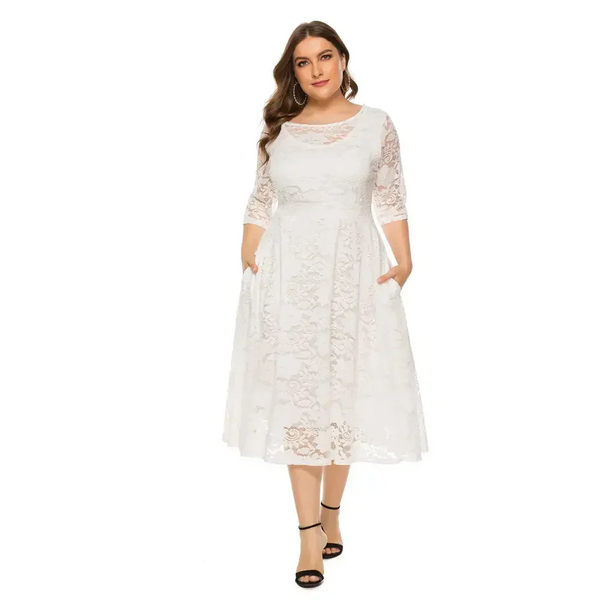 Plus Size Lace Dinner Midi Dress Multi Colour - White / Xl - St Vesti | All Dresses - Cocktail Dresses Formal Dresses +