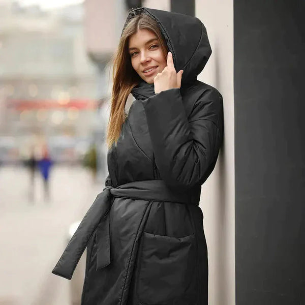 Snow Coat With Hoodie & Belt In Black - One Size / One Size - St Vesti | Coats & Jackets