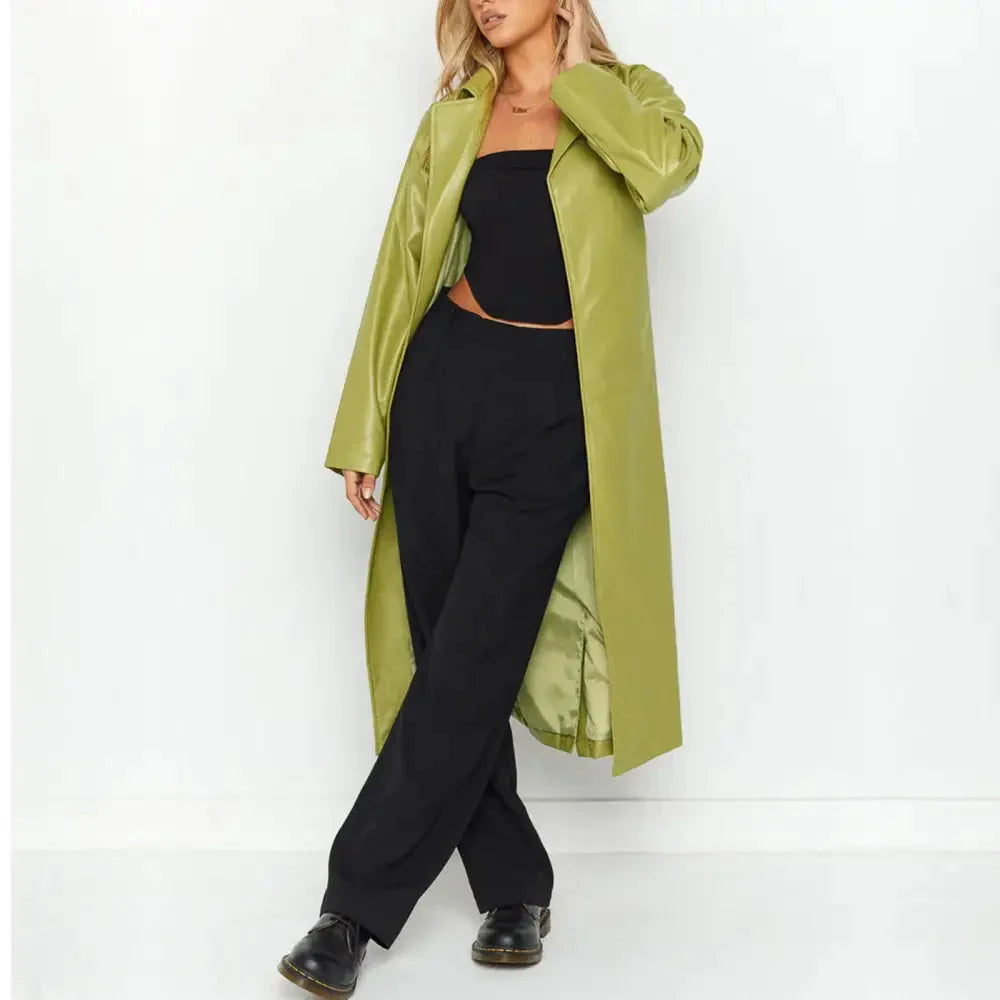 Stacey Vegan Leather Trench Coat In Green - St Vesti | Coats & Jackets