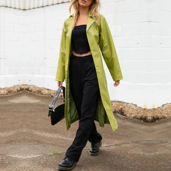 Stacey Vegan Leather Trench Coat In Green - St Vesti | Coats & Jackets