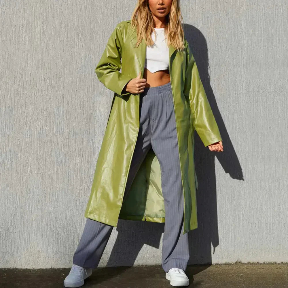 Stacey Vegan Leather Trench Coat In Green - St Vesti | Coats & Jackets