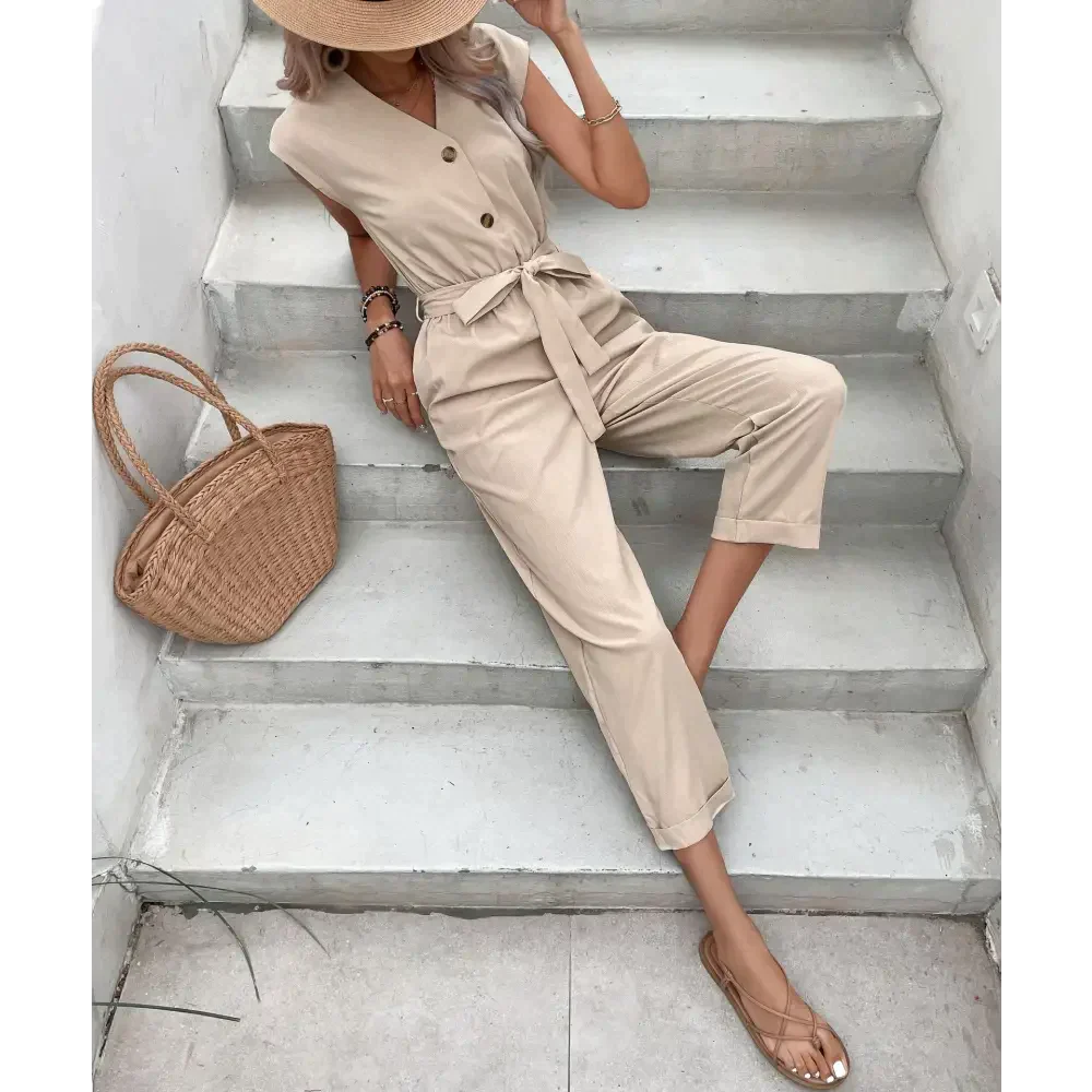 Us Cropped Waist One Piece Jumpsuit - Apricot / s - St Vesti