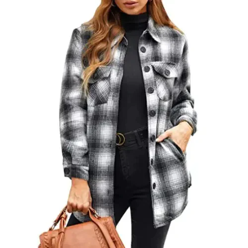 Women Oversized Check Button Shirt Jacket - Black / 2xl - St Vesti